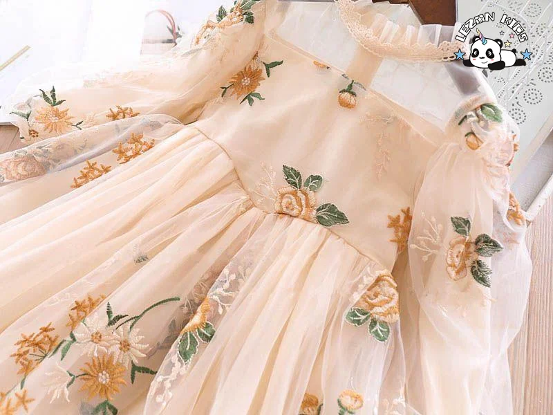 LEZONKIDS - Customized Autumn Embroidery Flower Tulle Dress for Kids Girl  Cute Casual Dress for Kids